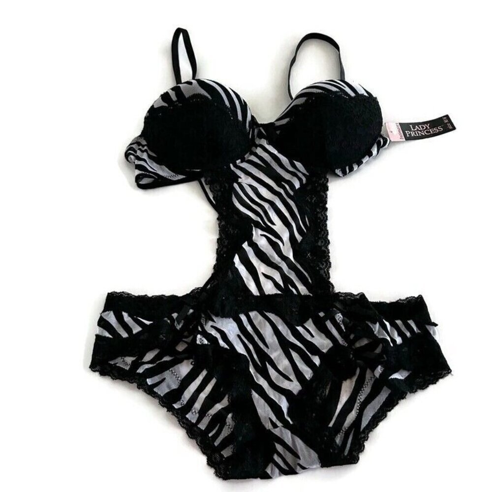 NWT Lady Princess Zebra Lace Spaghetti Strap Bodysuit Pushup Bra M 6 Black White